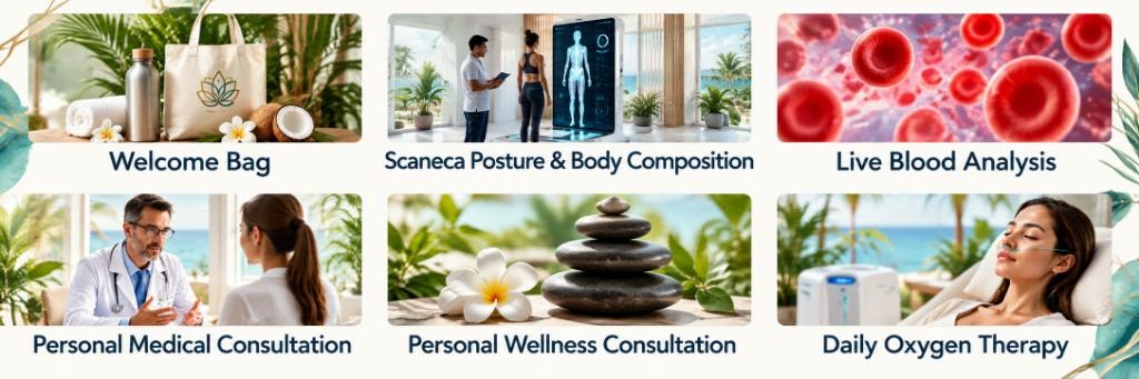 Retreat services: Welcome Bag, Scaneca Posture & Body Composition, Live Blood Analysis, Personal Medical Consultation, Personal Wellness Consultation, Daily Oxygen Therapy