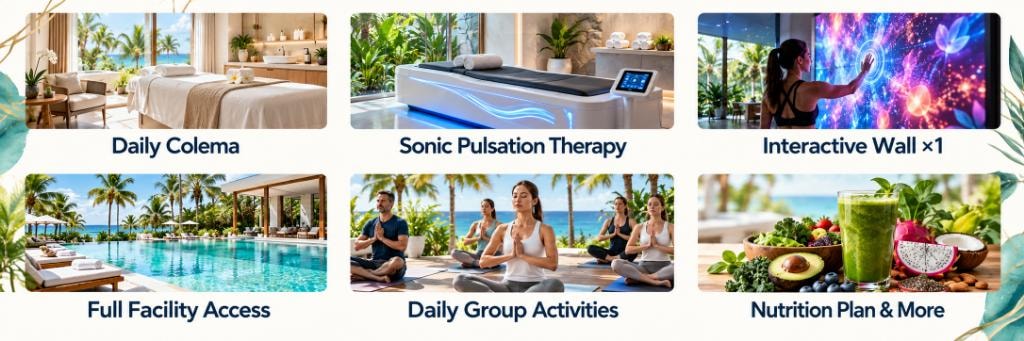 Retreat amenities: Daily Colema, Sonic Pulsation Therapy, Interactive Wall, Full Facility Access, Daily Group Activities, Nutrition Plan & More